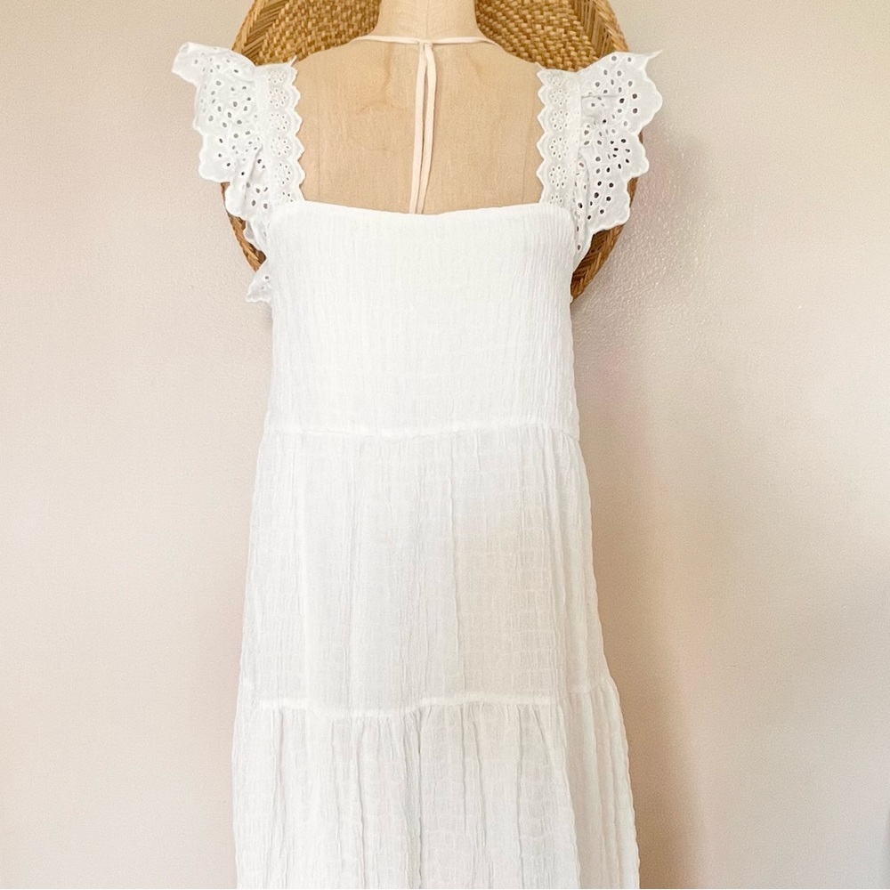 Lush White Eyelet Lace Tiered Smocked Dress